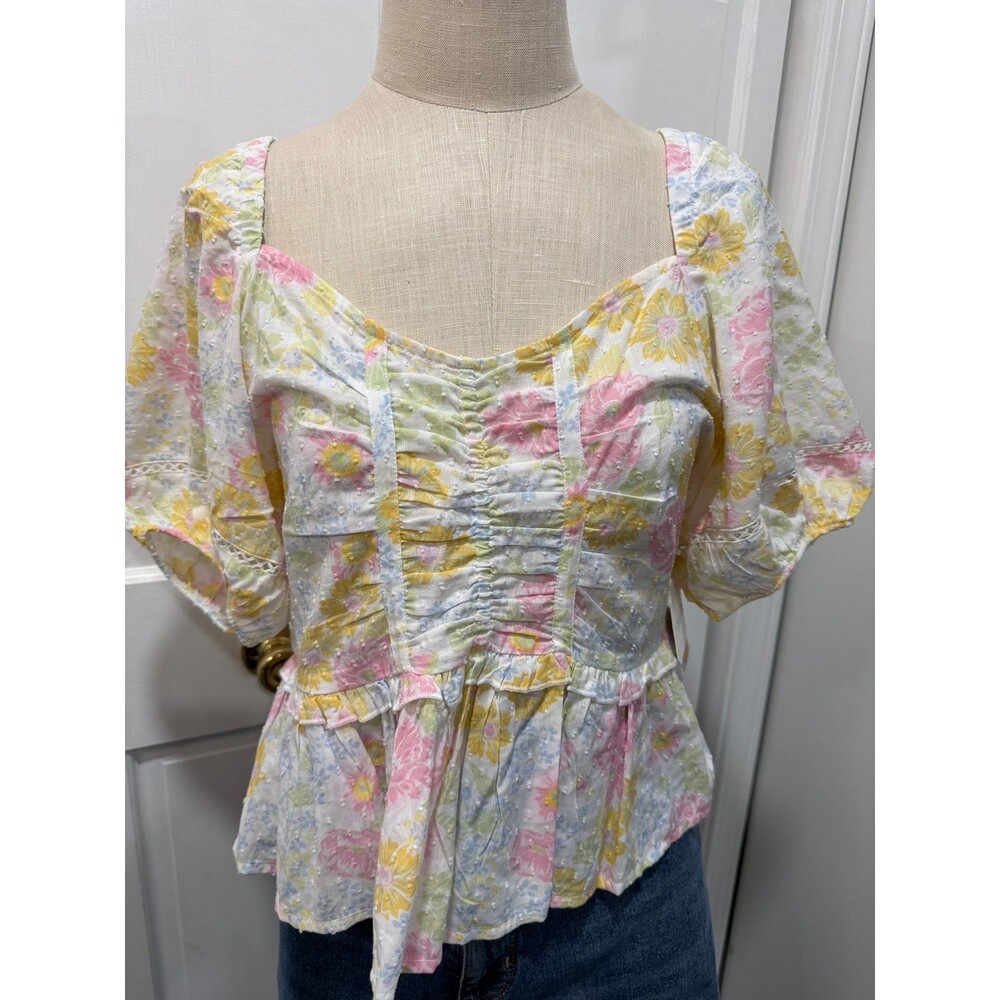 Altar'd State Floral Peplum Top Puff Sleeve Smocked Bodice Swiss Dot NWT Size XL